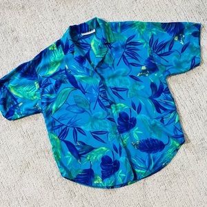 2/$20 - Vintage 90s Blue Hawaiian Tropical Palm Print Blouse by Passports
